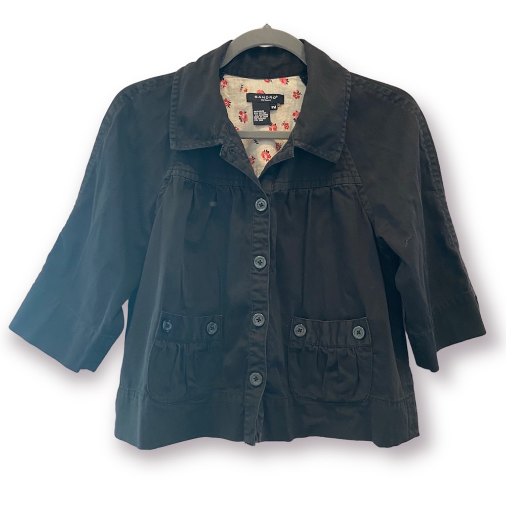 SANDRO Cropped Cape Jacket Black 3/4 Sleeve Y2K Medium Petite